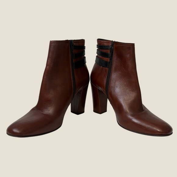 Sesto Meucci Brown Leather Ankle Boots Zip Closure Block Heel Buckle Accents Siz - Picture 5 of 11